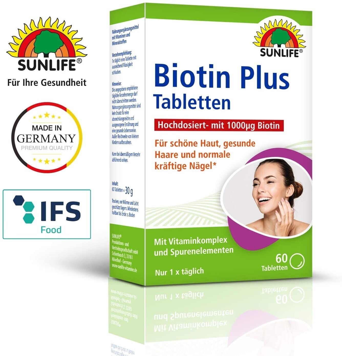 SUNLIFE Biotin Plus: Für schöne Haut, gesunde Haare und normale kräftige Nägel, mit Vitamin-Komplex, 60 Tabletten